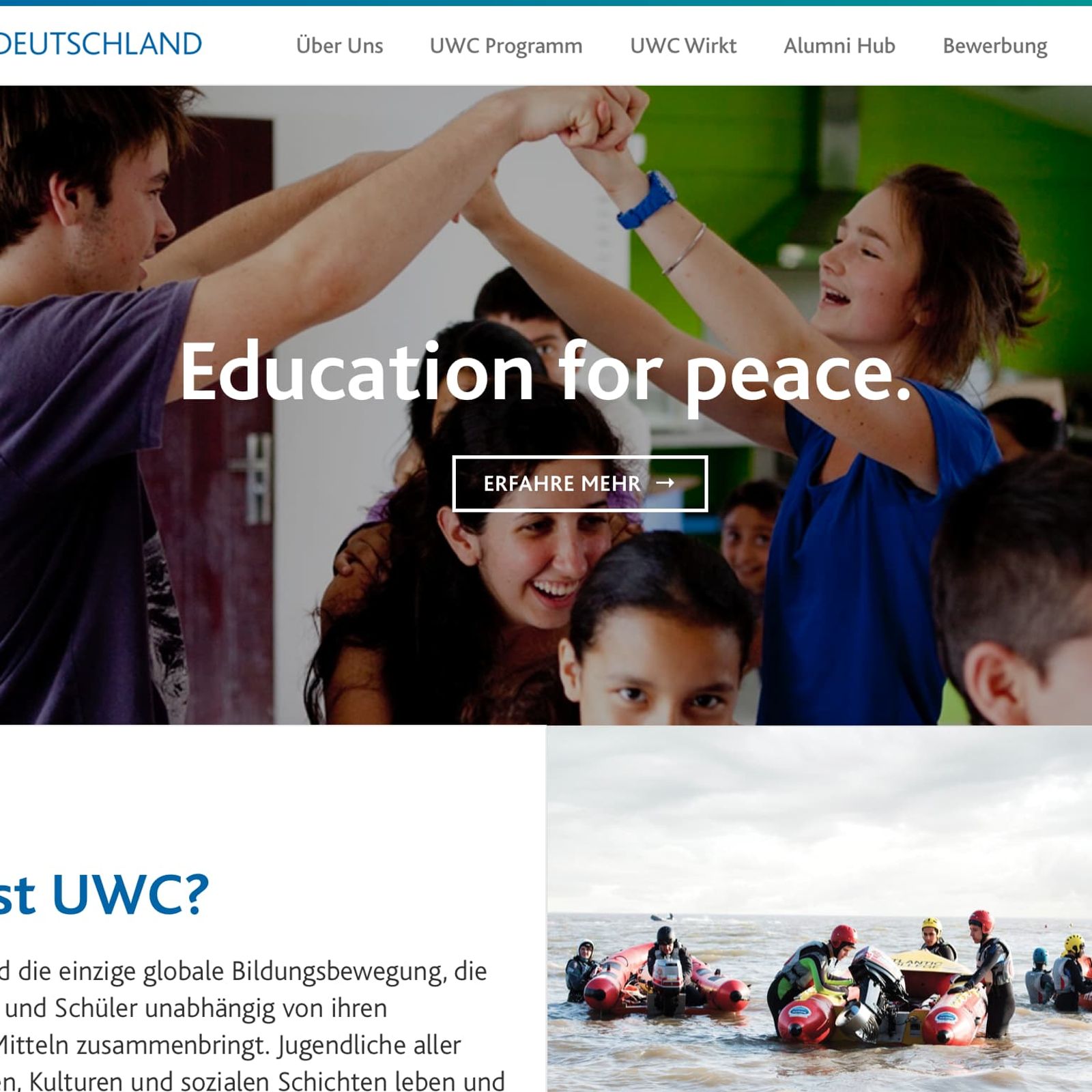 Initial mockup of uwc.de with a large, centered headline on a background image and content boxes below.